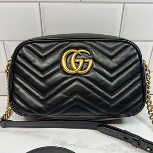 Gucci GG Matelasse Marmont Chain Leather Zip Camera Crossbody Bag Purse